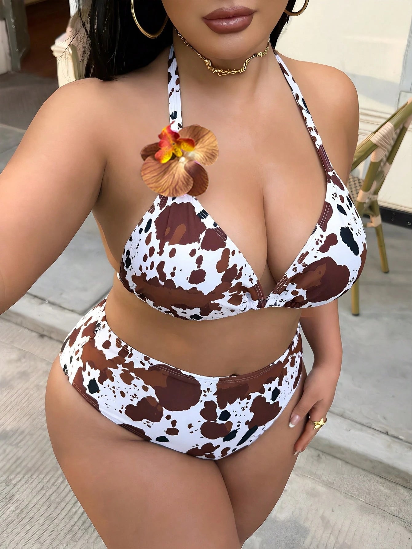 Swim SXY Plus Size 3pcs Floral Accent Solid Color Sexy Women Swimwear Set