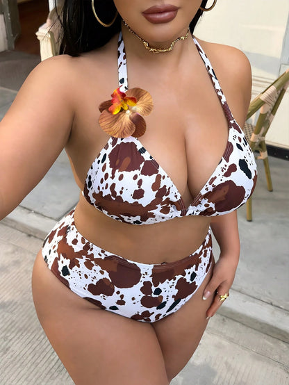 Swim SXY Plus Size 3pcs Floral Accent Solid Color Sexy Women Swimwear Set