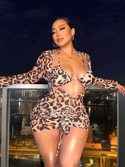 Swim SXY Plus Size Leopard Print 3-Piece Bikini Set For Beach In Summer