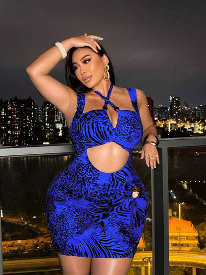 Swim SXY Plus Size Women's Leopard & Zebra Print One-Piece Swimsuit And Mini Skirt, Suitable For Beach Vacation, Pool Party, Beach Party