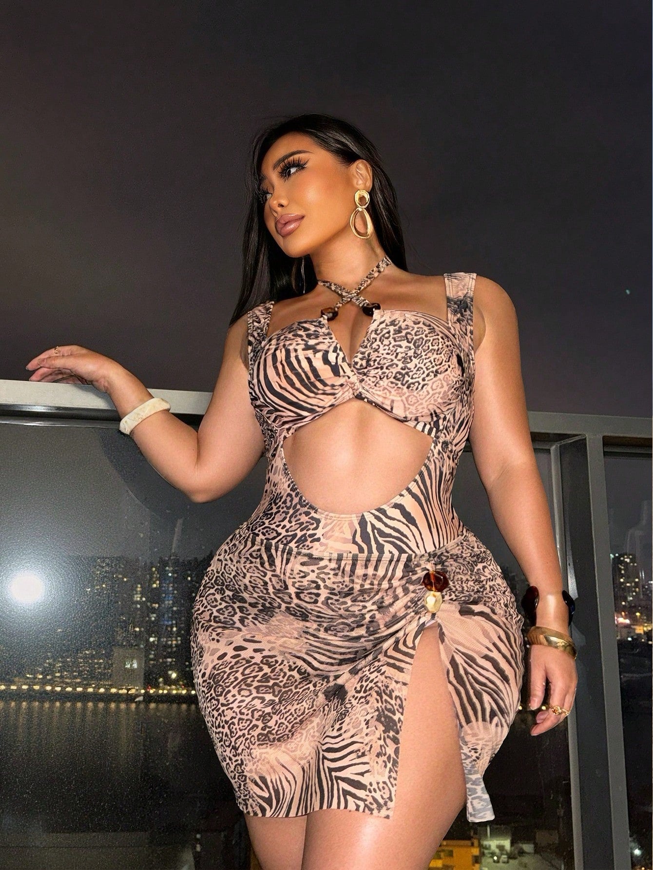 Swim SXY Plus Size Women's Leopard & Zebra Print One-Piece Swimsuit And Mini Skirt, Suitable For Beach Vacation, Pool Party, Beach Party