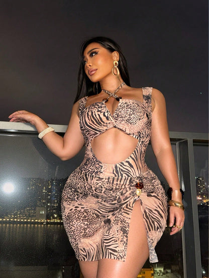 Swim SXY Plus Size Women's Leopard & Zebra Print One-Piece Swimsuit And Mini Skirt, Suitable For Beach Vacation, Pool Party, Beach Party