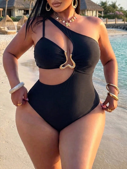Swim SXY Plus Size Women's Summer Solid Black Asymmetric One Shoulder One-Piece Swimsuit, Vacation Style Waist Cutout Metal Ring Design, Suitable For Beach Vacation, Pool Party, Casual Wear