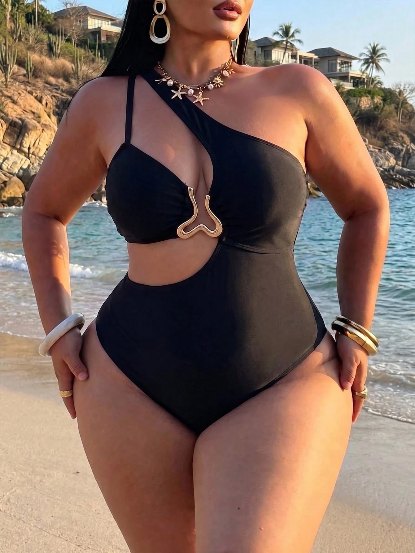 Swim SXY Plus Size Women's Summer Solid Black Asymmetric One Shoulder One-Piece Swimsuit, Vacation Style Waist Cutout Metal Ring Design, Suitable For Beach Vacation, Pool Party, Casual Wear