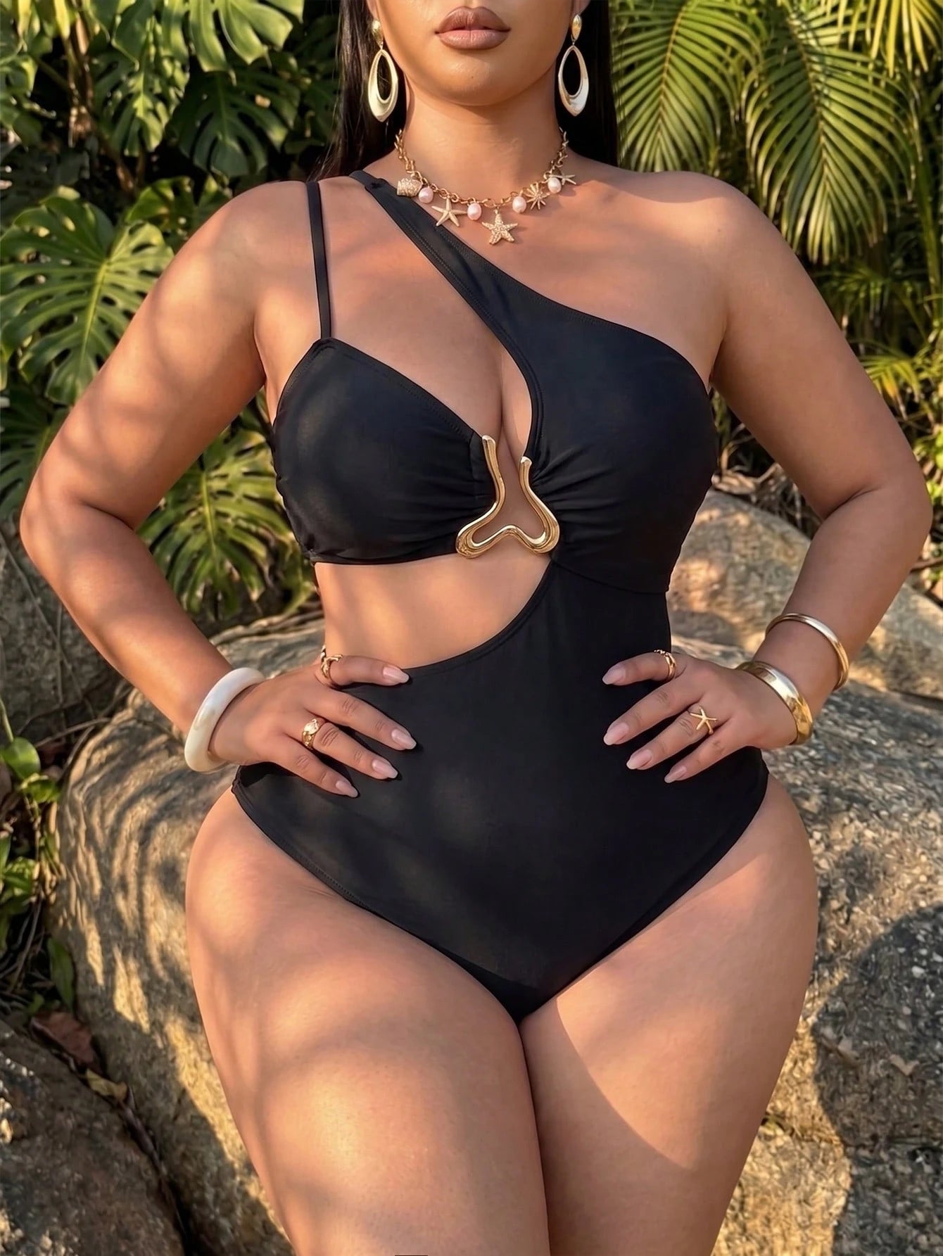 Swim SXY Plus Size Women's Summer Solid Black Asymmetric One Shoulder One-Piece Swimsuit, Vacation Style Waist Cutout Metal Ring Design, Suitable For Beach Vacation, Pool Party, Casual Wear