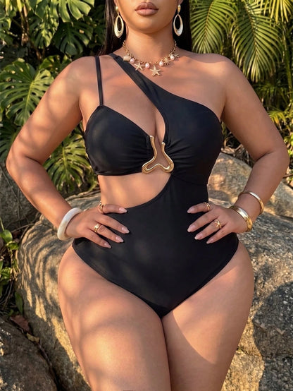 Swim SXY Plus Size Women's Summer Solid Black Asymmetric One Shoulder One-Piece Swimsuit, Vacation Style Waist Cutout Metal Ring Design, Suitable For Beach Vacation, Pool Party, Casual Wear