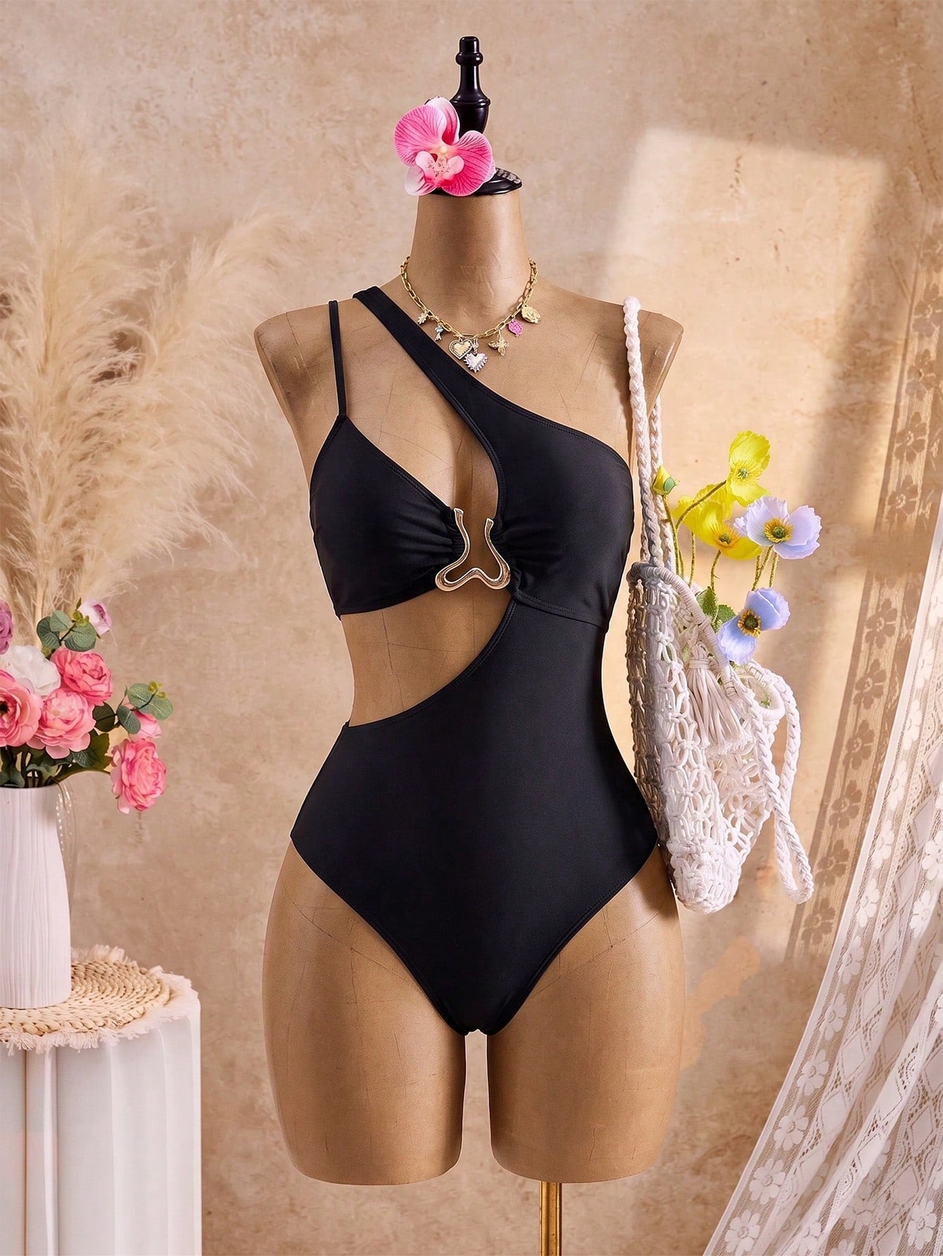 Swim SXY Plus Size Women's Summer Solid Black Asymmetric One Shoulder One-Piece Swimsuit, Vacation Style Waist Cutout Metal Ring Design, Suitable For Beach Vacation, Pool Party, Casual Wear