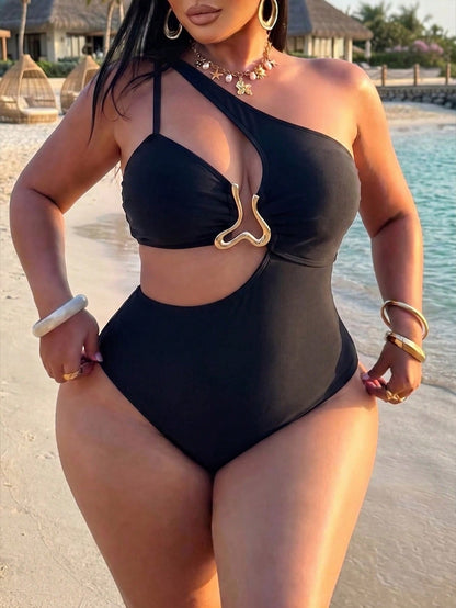 Swim SXY Plus Size Women's Summer Solid Black Asymmetric One Shoulder One-Piece Swimsuit, Vacation Style Waist Cutout Metal Ring Design, Suitable For Beach Vacation, Pool Party, Casual Wear