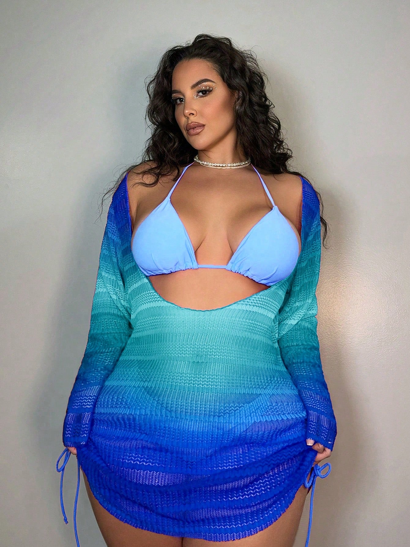 Swim SXY Summer Beach Plus-Size Drawstring Hollow Out Casual Beach Cover Up With Braided Detail