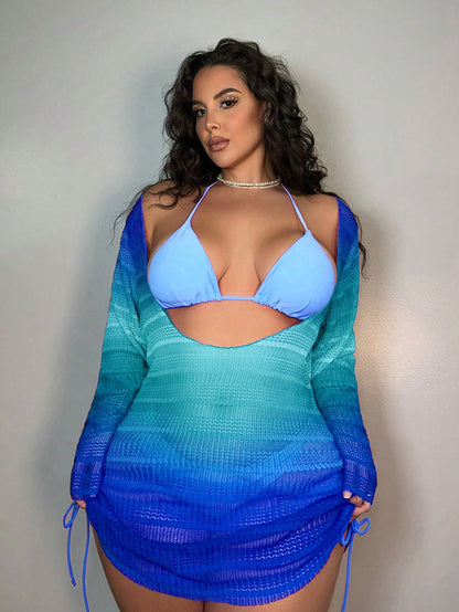 Swim SXY Summer Beach Plus-Size Drawstring Hollow Out Casual Beach Cover Up With Braided Detail