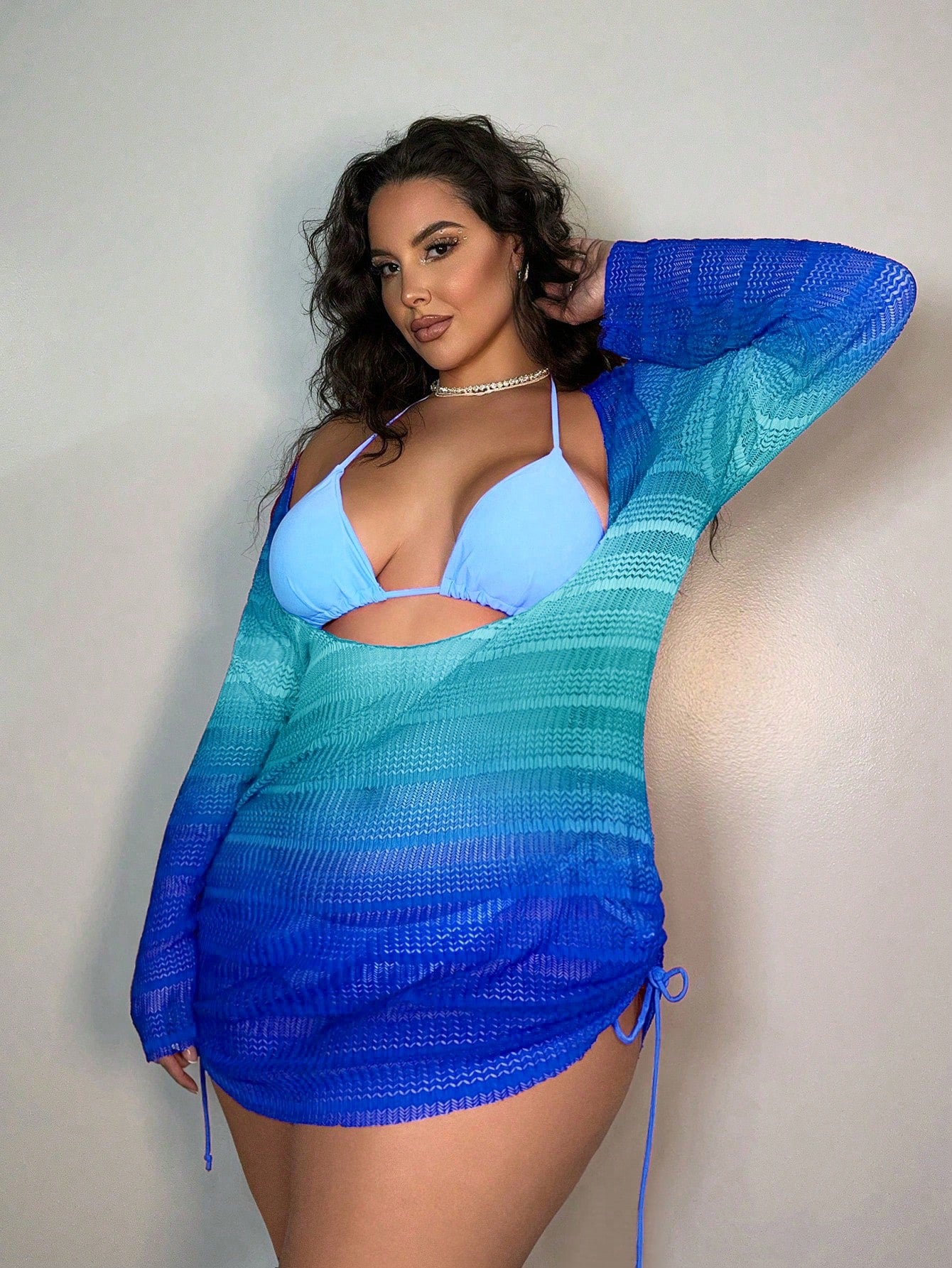 Swim SXY Summer Beach Plus-Size Drawstring Hollow Out Casual Beach Cover Up With Braided Detail