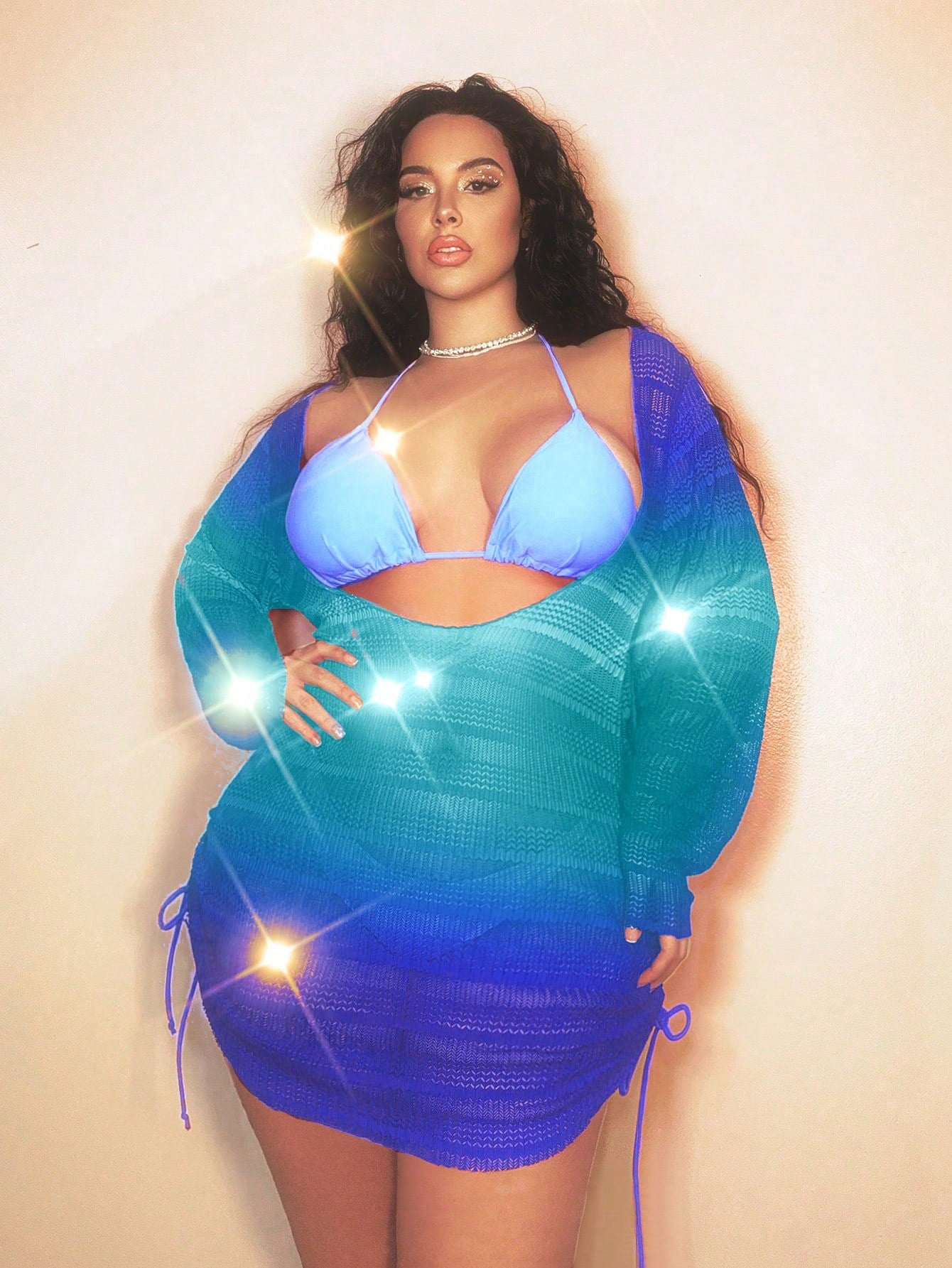 Swim SXY Summer Beach Plus-Size Drawstring Hollow Out Casual Beach Cover Up With Braided Detail