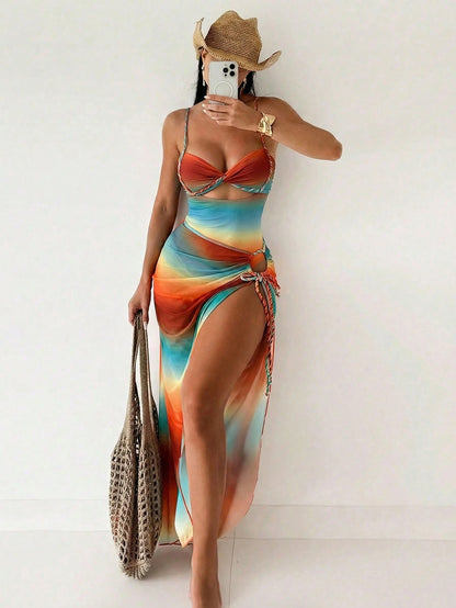 Swim SXY Summer Burnt Orange Boho Women 2pcs/Set Gradient Rope Strap Crop Top & Tie Side Beach Dress Bikini Set,Beach Vacation Holiday Rave Outfit Resort Wear