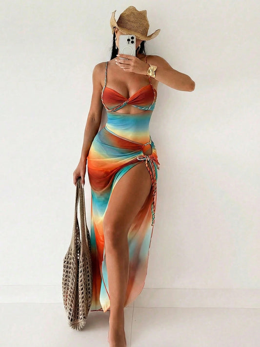 Swim SXY Summer Burnt Orange Boho Women 2pcs/Set Gradient Rope Strap Crop Top & Tie Side Beach Dress Bikini Set,Beach Vacation Holiday Rave Outfit Resort Wear