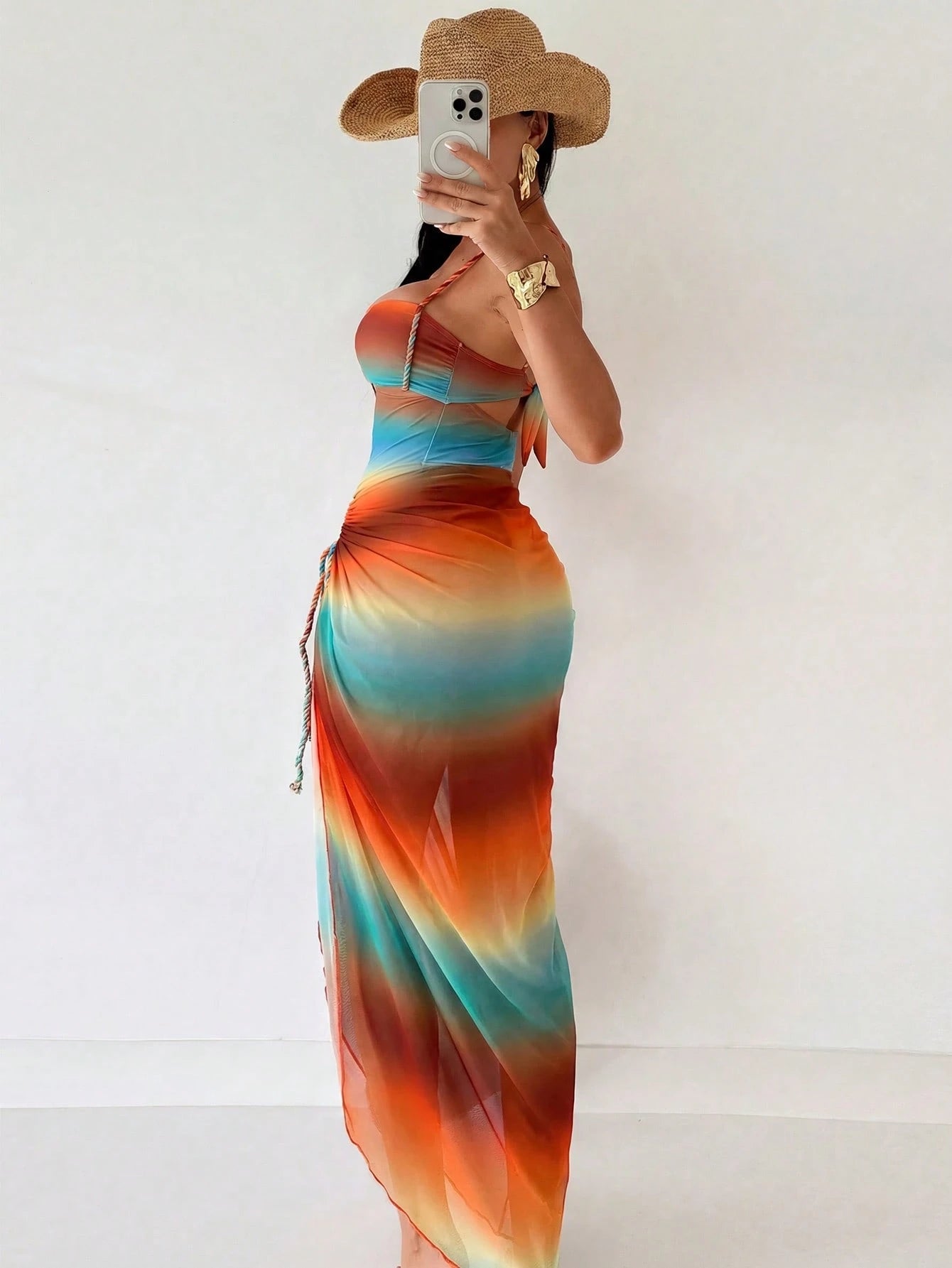 Swim SXY Summer Burnt Orange Boho Women 2pcs/Set Gradient Rope Strap Crop Top & Tie Side Beach Dress Bikini Set,Beach Vacation Holiday Rave Outfit Resort Wear