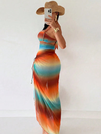 Swim SXY Summer Burnt Orange Boho Women 2pcs/Set Gradient Rope Strap Crop Top & Tie Side Beach Dress Bikini Set,Beach Vacation Holiday Rave Outfit Resort Wear