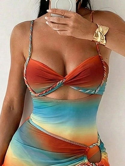Swim SXY Summer Burnt Orange Boho Women 2pcs/Set Gradient Rope Strap Crop Top & Tie Side Beach Dress Bikini Set,Beach Vacation Holiday Rave Outfit Resort Wear