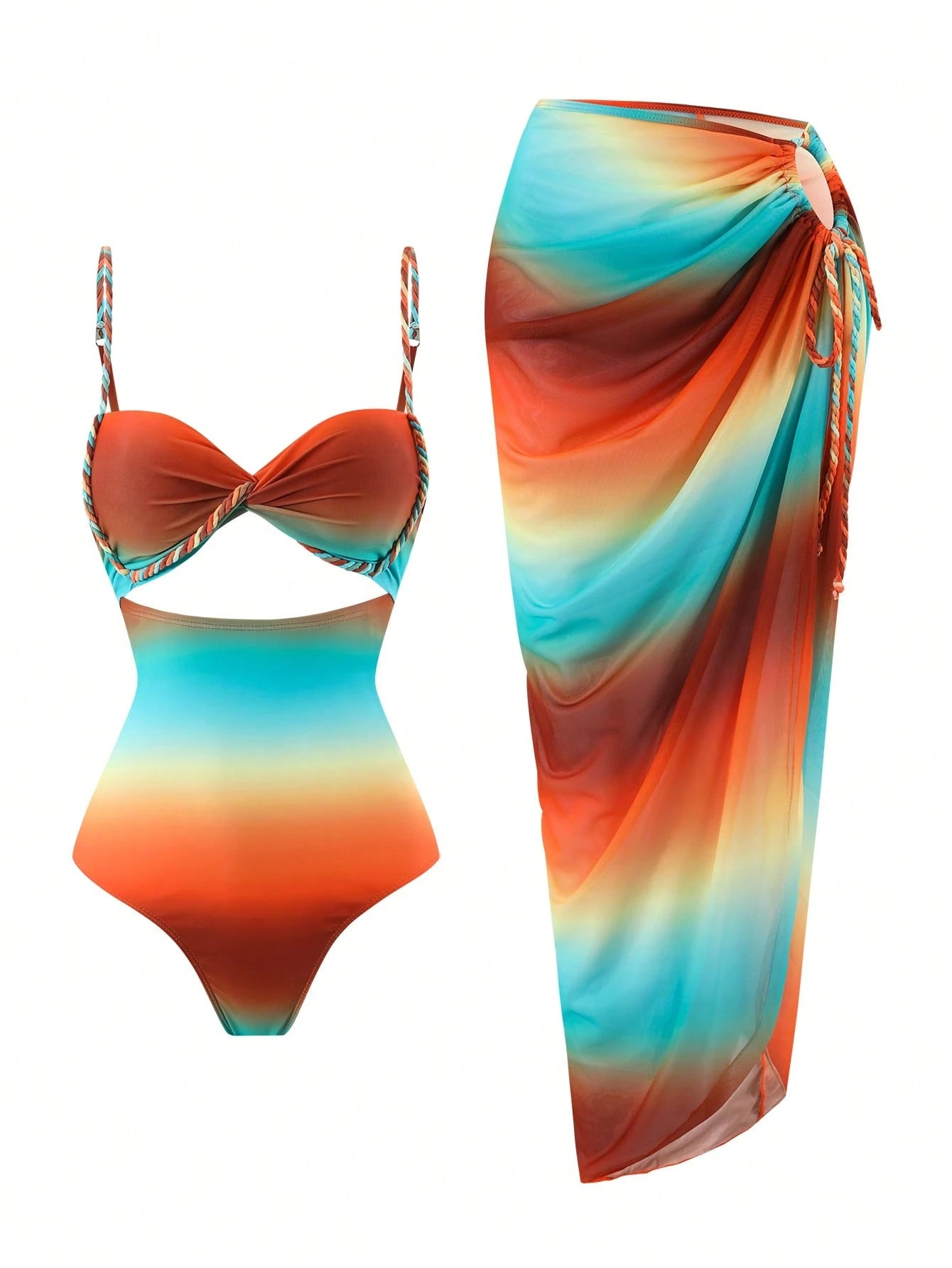 Swim SXY Summer Burnt Orange Boho Women 2pcs/Set Gradient Rope Strap Crop Top & Tie Side Beach Dress Bikini Set,Beach Vacation Holiday Rave Outfit Resort Wear