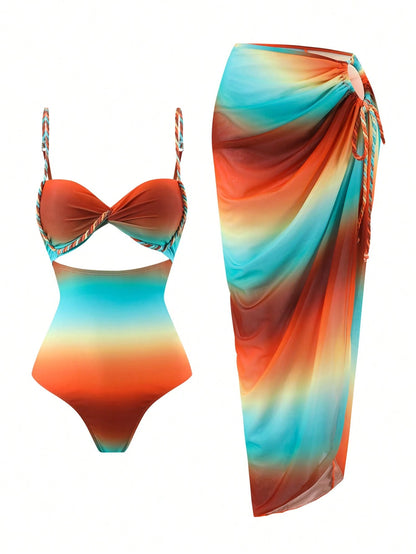 Swim SXY Summer Burnt Orange Boho Women 2pcs/Set Gradient Rope Strap Crop Top & Tie Side Beach Dress Bikini Set,Beach Vacation Holiday Rave Outfit Resort Wear