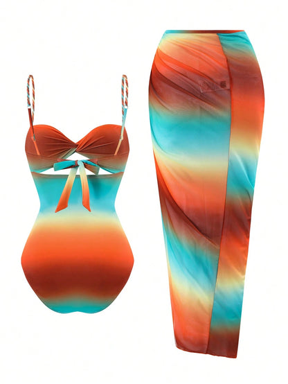 Swim SXY Summer Burnt Orange Boho Women 2pcs/Set Gradient Rope Strap Crop Top & Tie Side Beach Dress Bikini Set,Beach Vacation Holiday Rave Outfit Resort Wear