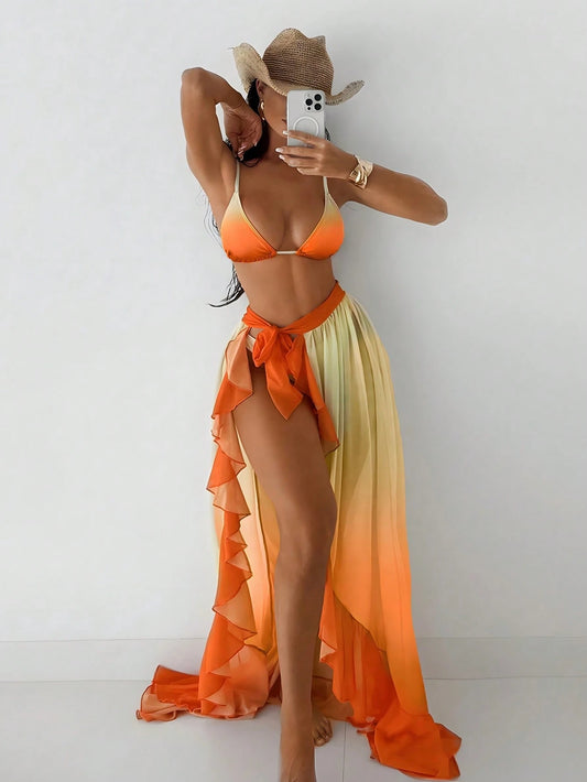 Swim SXY Women's 3 Pieces Ombre Print Beach Set,Burnt Orange Spaghetti Strap Triangle Bikini Top,Bottoms & Skirt,Summer Casual Holiday Vacation Outfit Sets