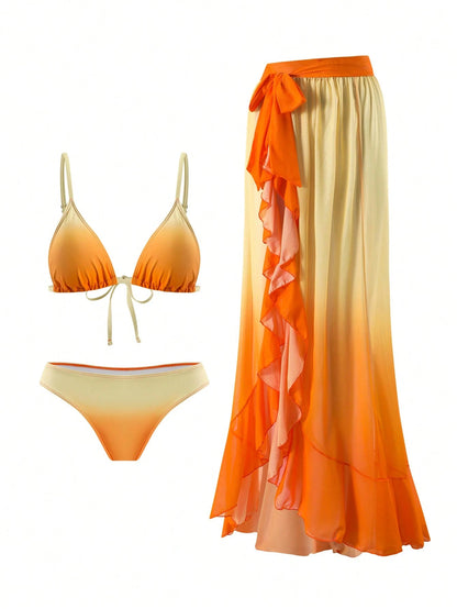 Swim SXY Women's 3 Pieces Ombre Print Beach Set,Burnt Orange Spaghetti Strap Triangle Bikini Top,Bottoms & Skirt,Summer Casual Holiday Vacation Outfit Sets