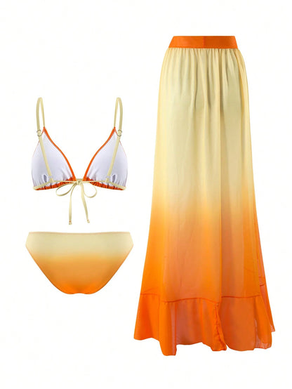 Swim SXY Women's 3 Pieces Ombre Print Beach Set,Burnt Orange Spaghetti Strap Triangle Bikini Top,Bottoms & Skirt,Summer Casual Holiday Vacation Outfit Sets
