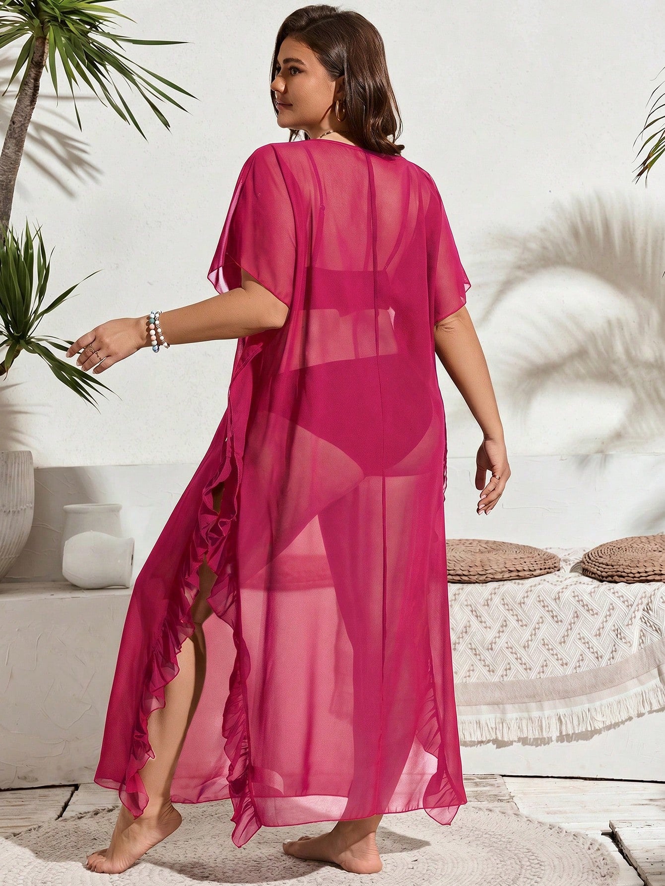 Swim Vcay 2026 New Plus Size Fuchsia Sheer Beach Cover-Up Dress For Women, Summer Holiday Seaside Vacation Outerwear Lightweight Chiffon/Tulle-Like Fabric Sexy