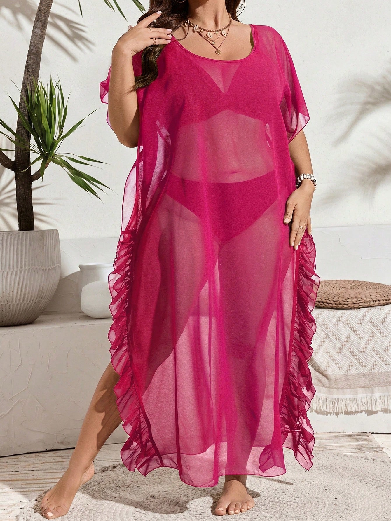 Swim Vcay 2026 New Plus Size Fuchsia Sheer Beach Cover-Up Dress For Women, Summer Holiday Seaside Vacation Outerwear Lightweight Chiffon/Tulle-Like Fabric Sexy