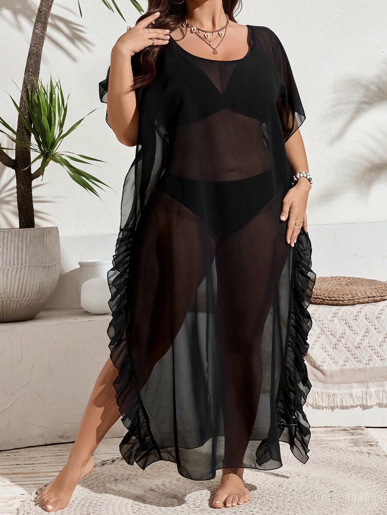 Swim Vcay 2026 New Plus Size Fuchsia Sheer Beach Cover-Up Dress For Women, Summer Holiday Seaside Vacation Outerwear Lightweight Chiffon/Tulle-Like Fabric Sexy