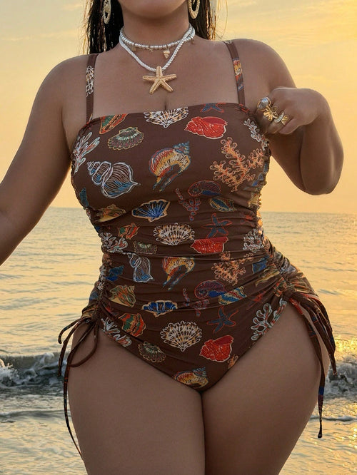 Swim Vcay 2026 New Spring/Summer Plus Size Women's Popular Retro Printed Drawstring Slimming Sexy Beach Party One-Piece Swimsuit