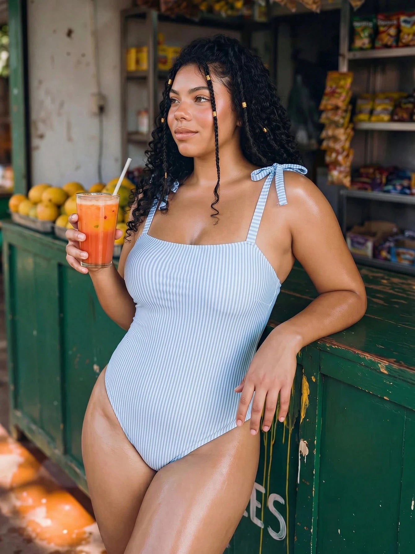 Swim Vcay 2026 New Summer Beach Vacation Women's Striped Print Minimalist Casual One-Piece Swimsuit With Shoulder Straps, Plus Size