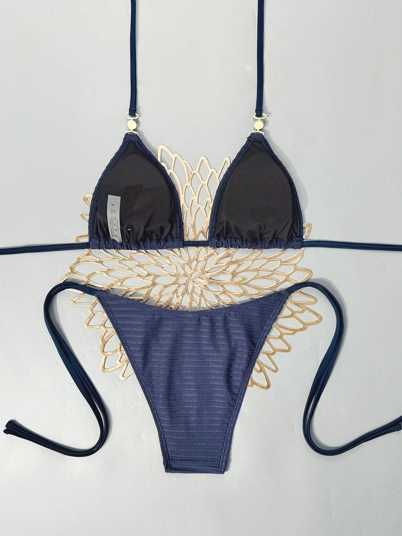 Swim Vcay 2026 Spring/Summer Women's Sexy Bikini, Triangle Cup Halter Neck, Navy Textured Fabric, Wide Ear Pearl Buckle Decor, High Cut Tie-Up, Suitable For Beach, Seaside And Pool