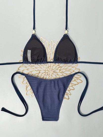 Swim Vcay 2026 Spring/Summer Women's Sexy Bikini, Triangle Cup Halter Neck, Navy Textured Fabric, Wide Ear Pearl Buckle Decor, High Cut Tie-Up, Suitable For Beach, Seaside And Pool