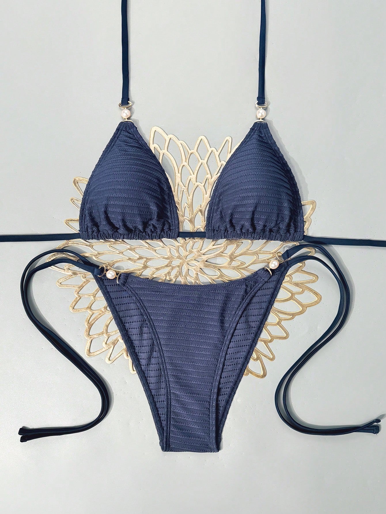 Swim Vcay 2026 Spring/Summer Women's Sexy Bikini, Triangle Cup Halter Neck, Navy Textured Fabric, Wide Ear Pearl Buckle Decor, High Cut Tie-Up, Suitable For Beach, Seaside And Pool