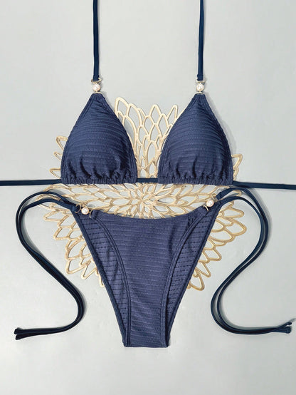Swim Vcay 2026 Spring/Summer Women's Sexy Bikini, Triangle Cup Halter Neck, Navy Textured Fabric, Wide Ear Pearl Buckle Decor, High Cut Tie-Up, Suitable For Beach, Seaside And Pool
