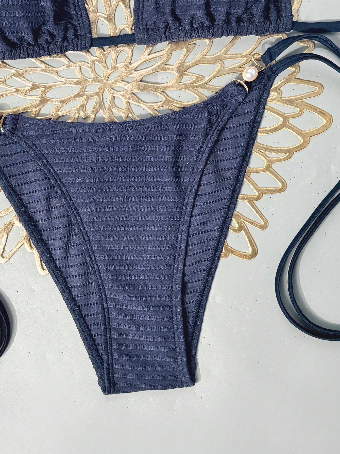 Swim Vcay 2026 Spring/Summer Women's Sexy Bikini, Triangle Cup Halter Neck, Navy Textured Fabric, Wide Ear Pearl Buckle Decor, High Cut Tie-Up, Suitable For Beach, Seaside And Pool