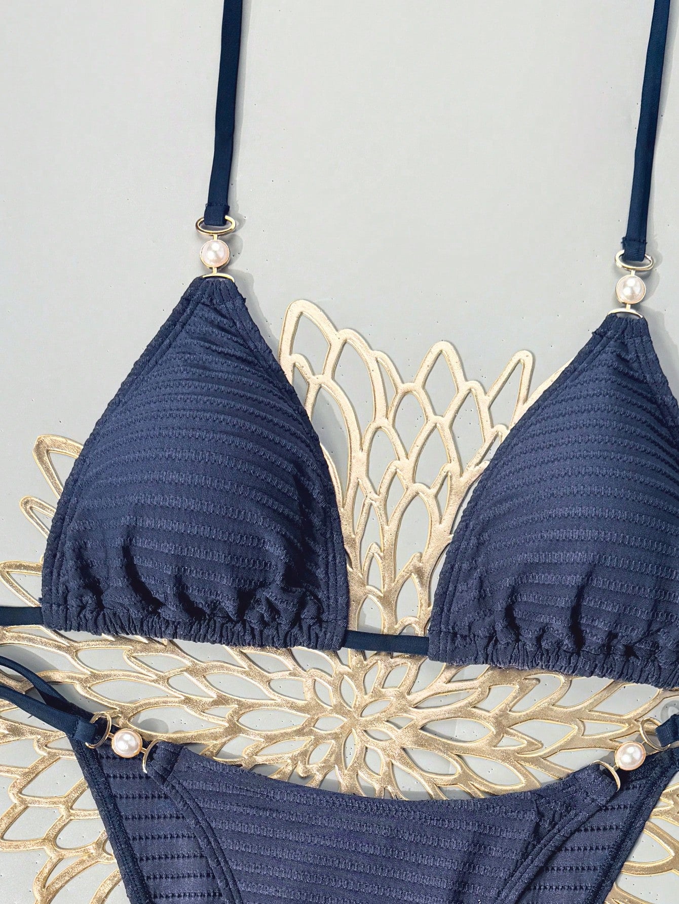 Swim Vcay 2026 Spring/Summer Women's Sexy Bikini, Triangle Cup Halter Neck, Navy Textured Fabric, Wide Ear Pearl Buckle Decor, High Cut Tie-Up, Suitable For Beach, Seaside And Pool