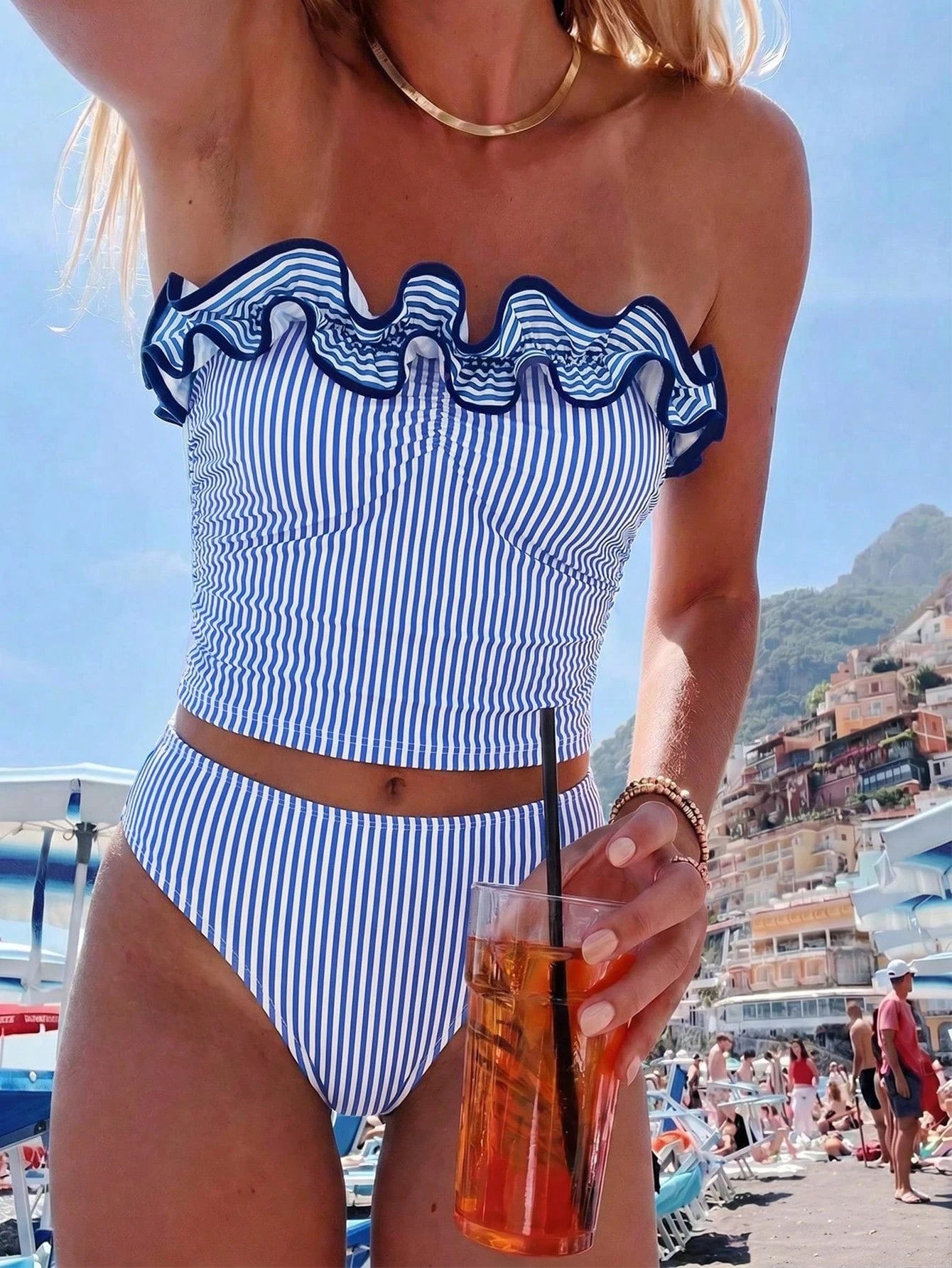 Swim Vcay New Summer Women's Halter Neck Ruffle Trim Detachable Shoulder Strap Sexy Waist-Defining Top And Shorts Set, Blue And White Striped Print, Fresh And Cute, Perfect For Travel, Vacation And Be