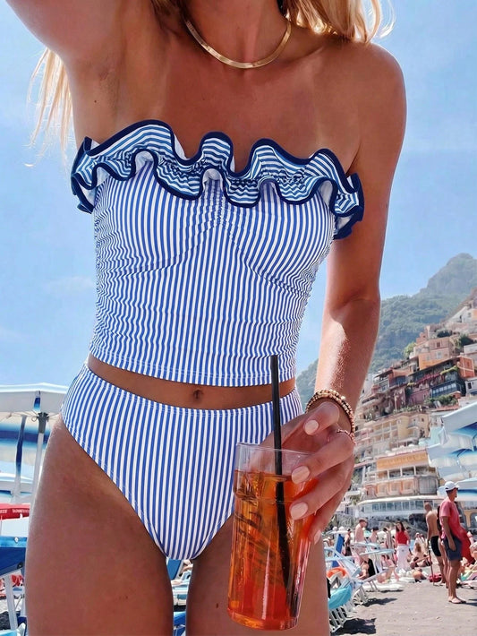 Swim Vcay New Summer Women's Halter Neck Ruffle Trim Detachable Shoulder Strap Sexy Waist-Defining Top And Shorts Set, Blue And White Striped Print, Fresh And Cute, Perfect For Travel, Vacation And Be