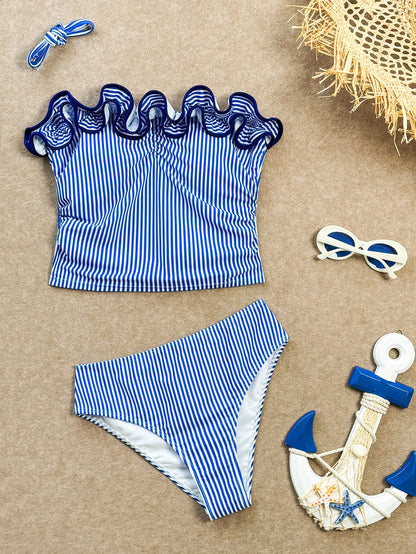 Swim Vcay New Summer Women's Halter Neck Ruffle Trim Detachable Shoulder Strap Sexy Waist-Defining Top And Shorts Set, Blue And White Striped Print, Fresh And Cute, Perfect For Travel, Vacation And Be