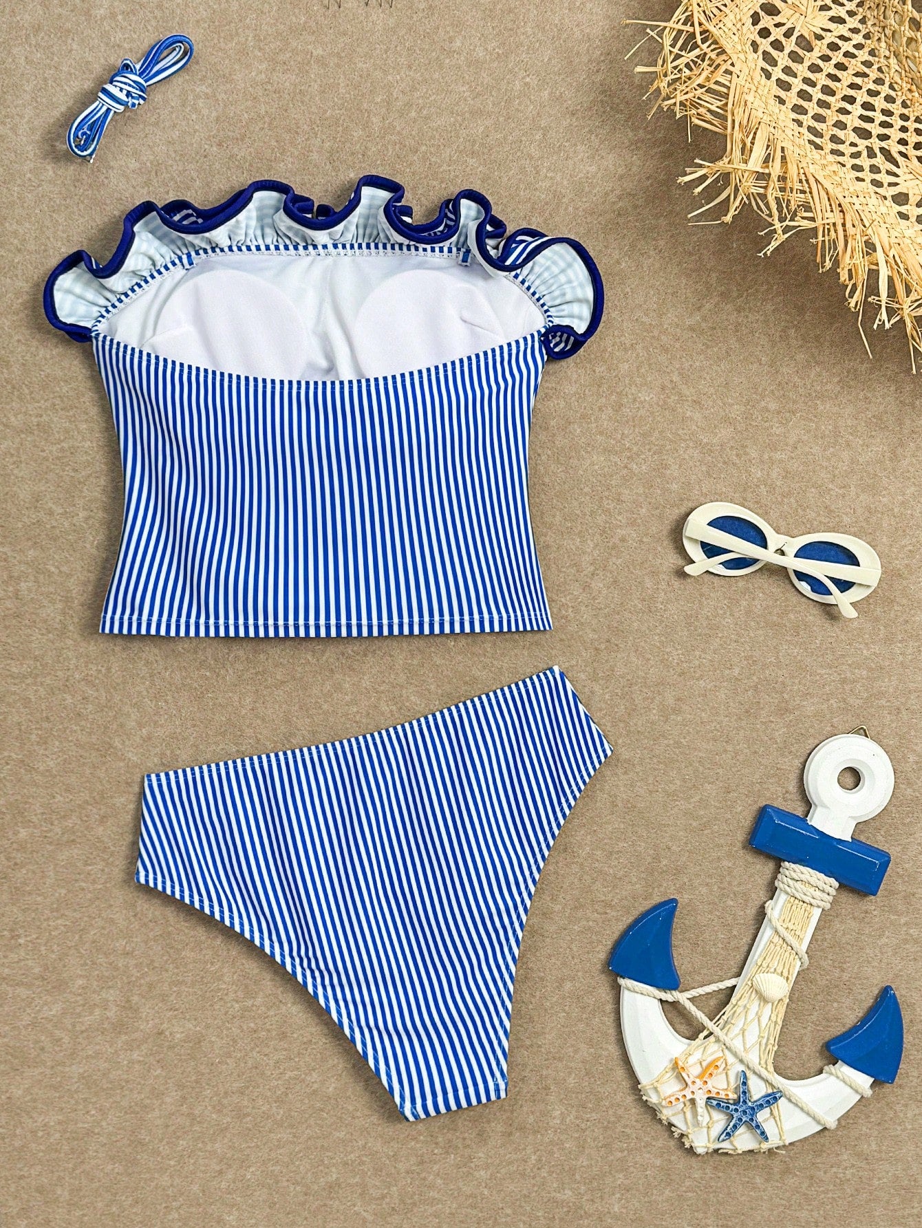 Swim Vcay New Summer Women's Halter Neck Ruffle Trim Detachable Shoulder Strap Sexy Waist-Defining Top And Shorts Set, Blue And White Striped Print, Fresh And Cute, Perfect For Travel, Vacation And Be