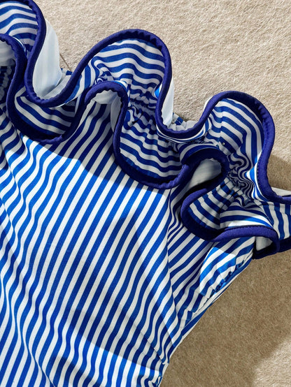 Swim Vcay New Summer Women's Halter Neck Ruffle Trim Detachable Shoulder Strap Sexy Waist-Defining Top And Shorts Set, Blue And White Striped Print, Fresh And Cute, Perfect For Travel, Vacation And Be