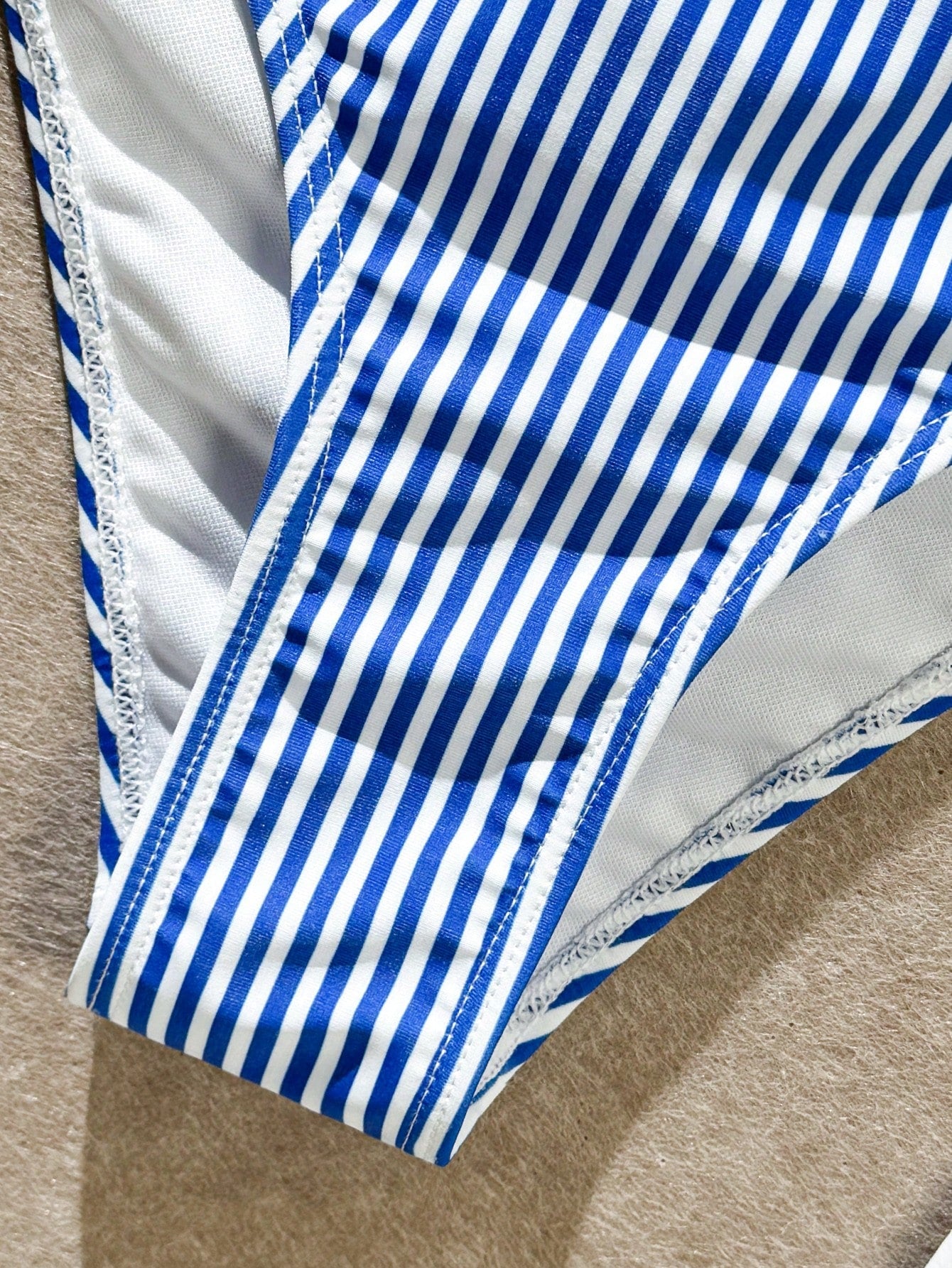Swim Vcay New Summer Women's Halter Neck Ruffle Trim Detachable Shoulder Strap Sexy Waist-Defining Top And Shorts Set, Blue And White Striped Print, Fresh And Cute, Perfect For Travel, Vacation And Be