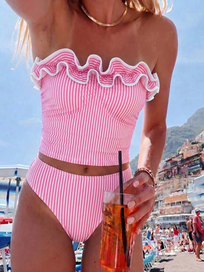 Swim Vcay New Summer Women's Halter Neck Ruffle Trim Detachable Shoulder Strap Sexy Waist-Defining Top And Shorts Set, Blue And White Striped Print, Fresh And Cute, Perfect For Travel, Vacation And Be