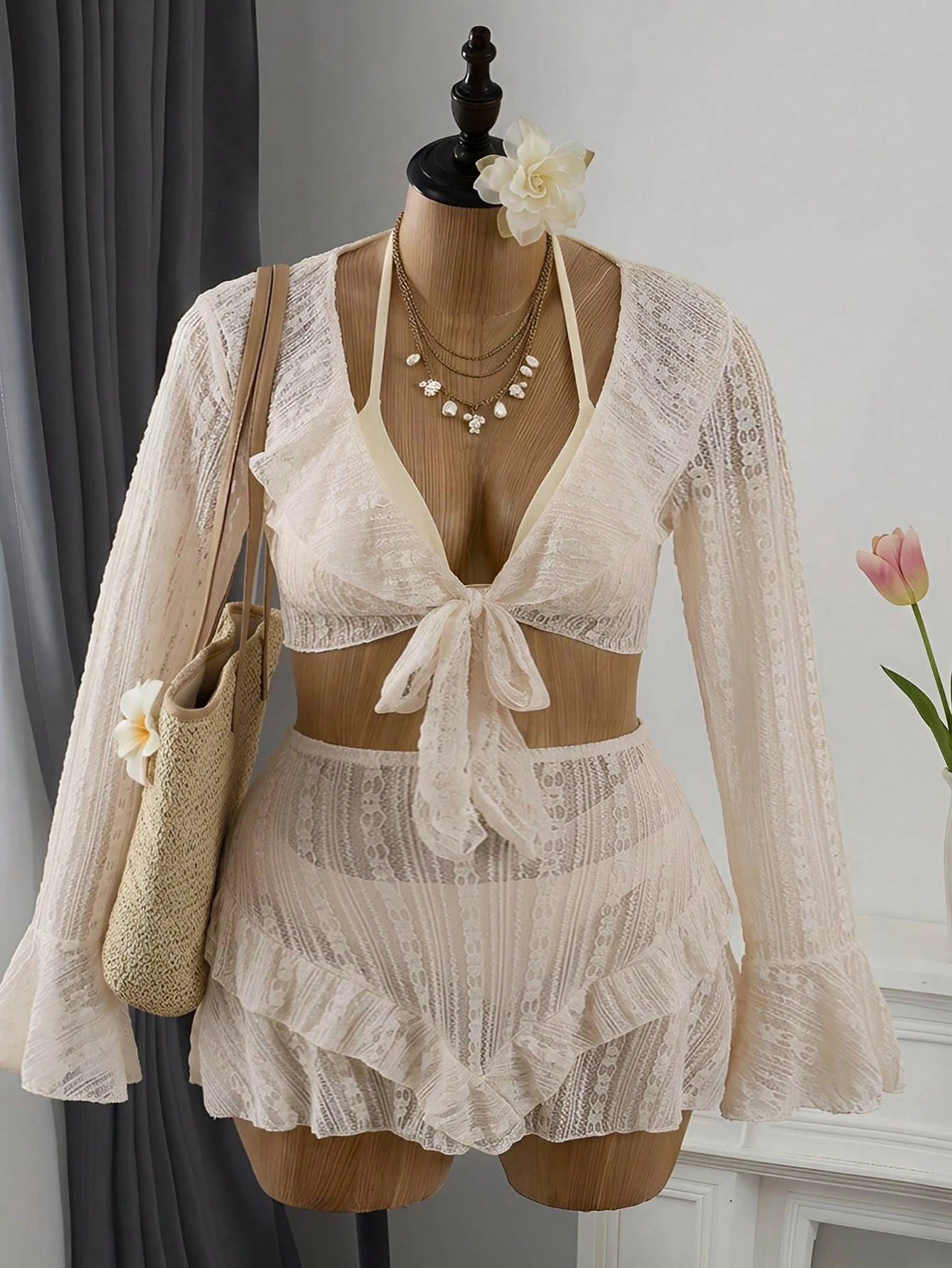 Swim Vcay Plus Size 4-Piece White Bikini Set, Summer Tropical Beach Holiday Semi-Sheer Long Sleeve Cover-Up, High-Waist Asymmetric Hem Mini Skirt&Crossover