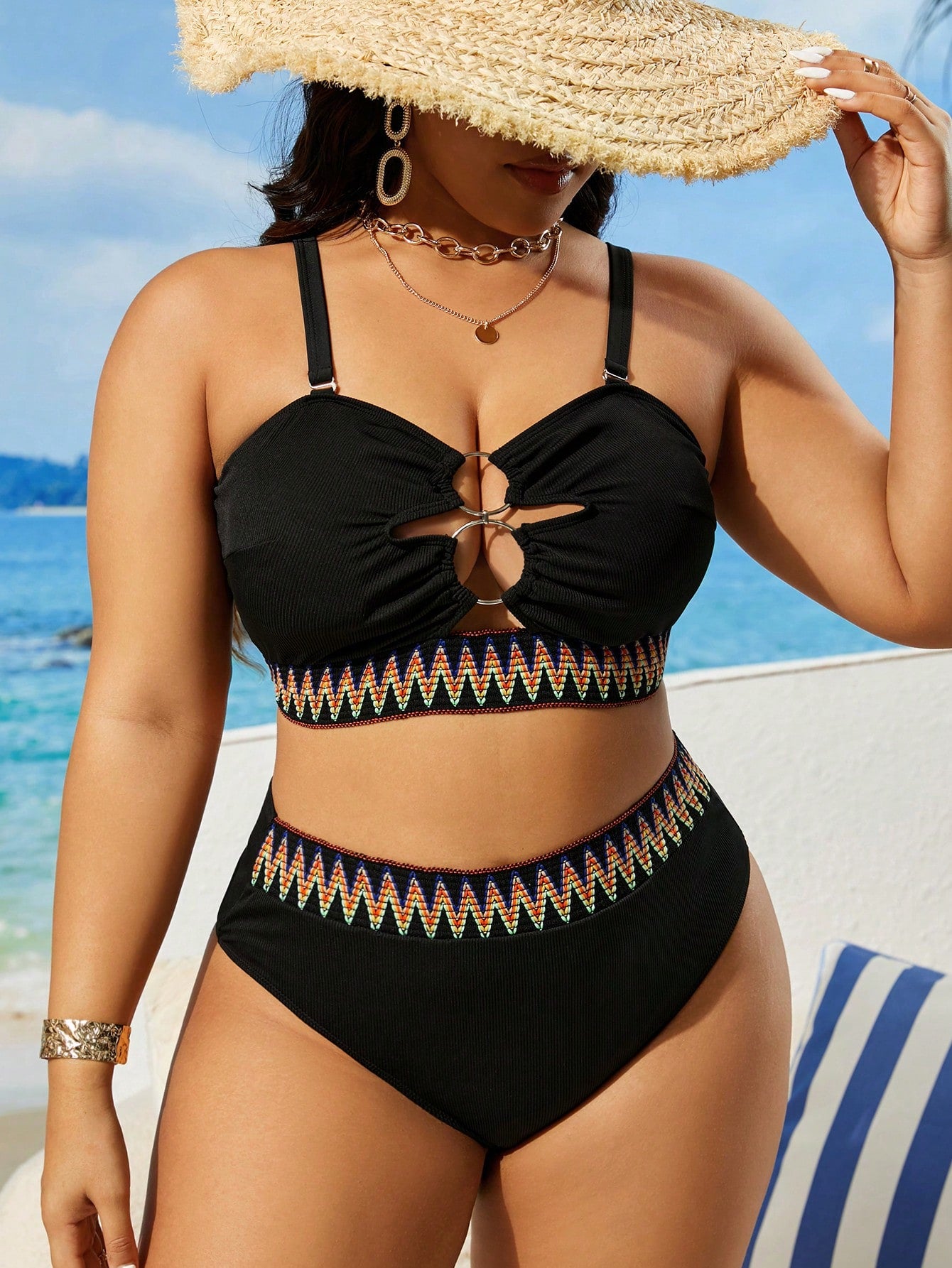 Swim Vcay Plus Size Black Ribbed Bikini Set,Spaghetti Strap Minimalist Adjustable Swimwear,Kawaii Solid Color Comfortable Beach,Summer Holiday Vacation Pool