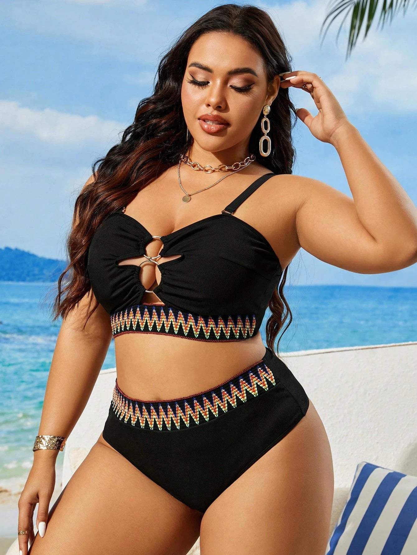Swim Vcay Plus Size Black Ribbed Bikini Set,Spaghetti Strap Minimalist Adjustable Swimwear,Kawaii Solid Color Comfortable Beach,Summer Holiday Vacation Pool