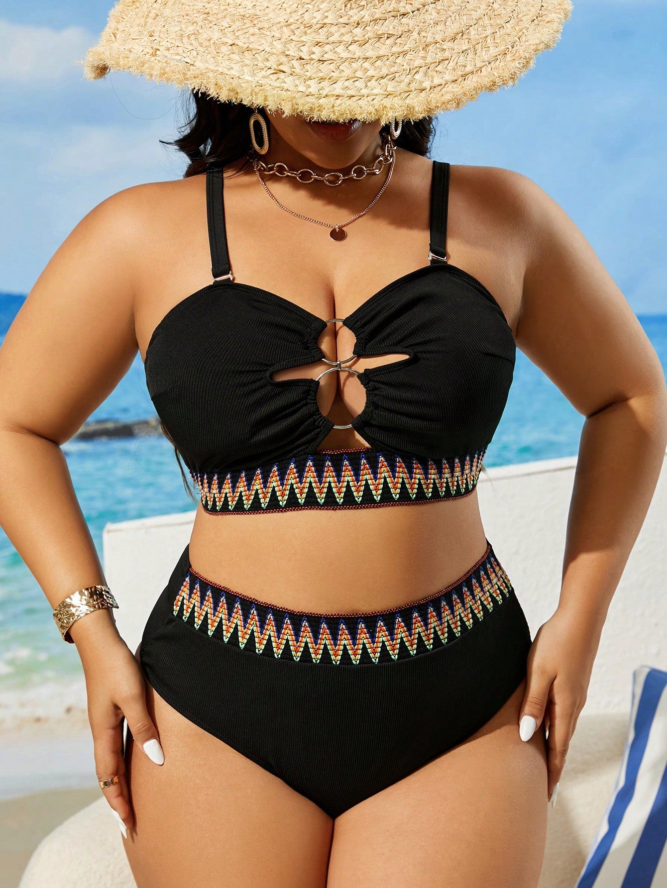 Swim Vcay Plus Size Black Ribbed Bikini Set,Spaghetti Strap Minimalist Adjustable Swimwear,Kawaii Solid Color Comfortable Beach,Summer Holiday Vacation Pool