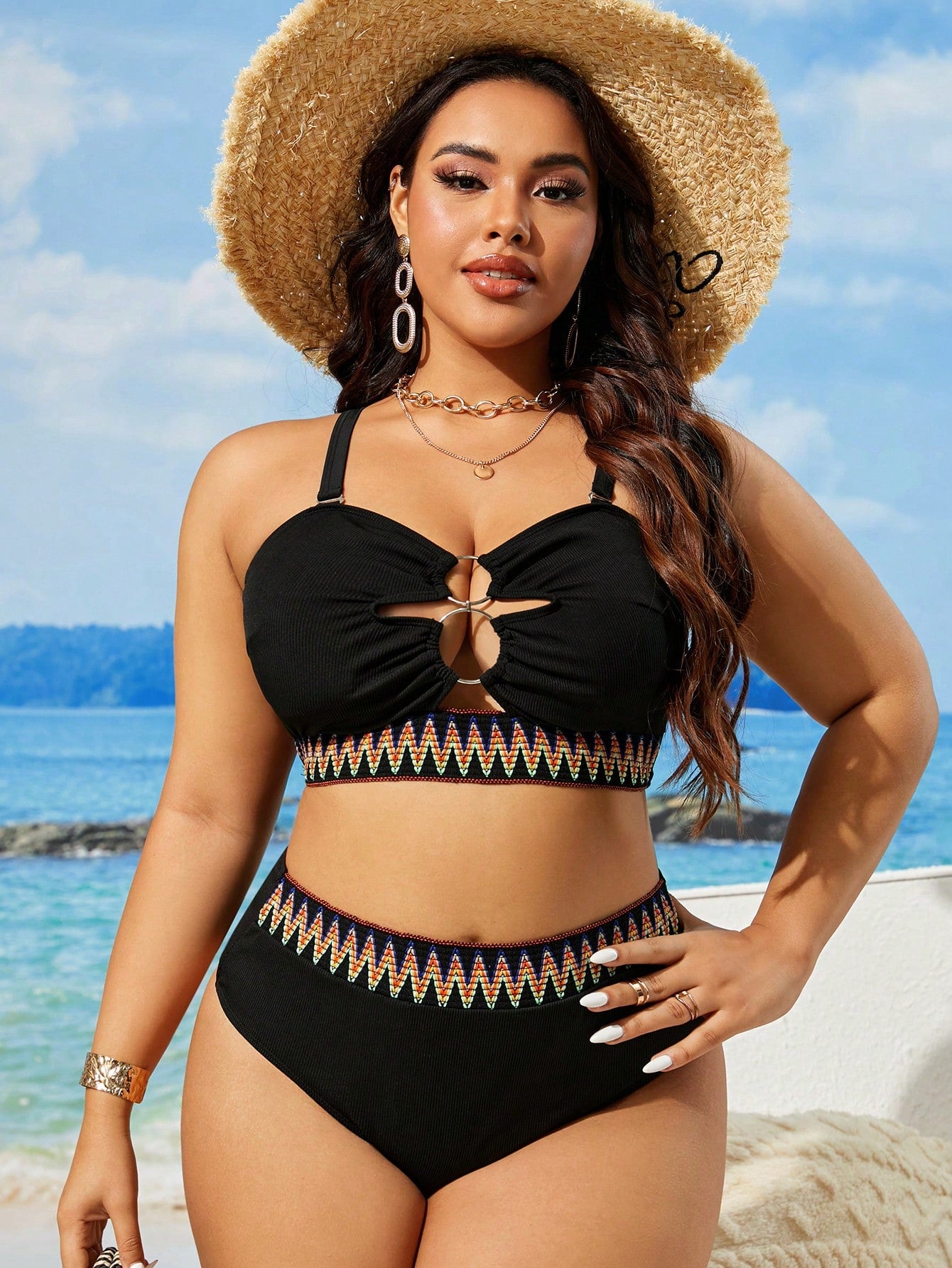 Swim Vcay Plus Size Black Ribbed Bikini Set,Spaghetti Strap Minimalist Adjustable Swimwear,Kawaii Solid Color Comfortable Beach,Summer Holiday Vacation Pool